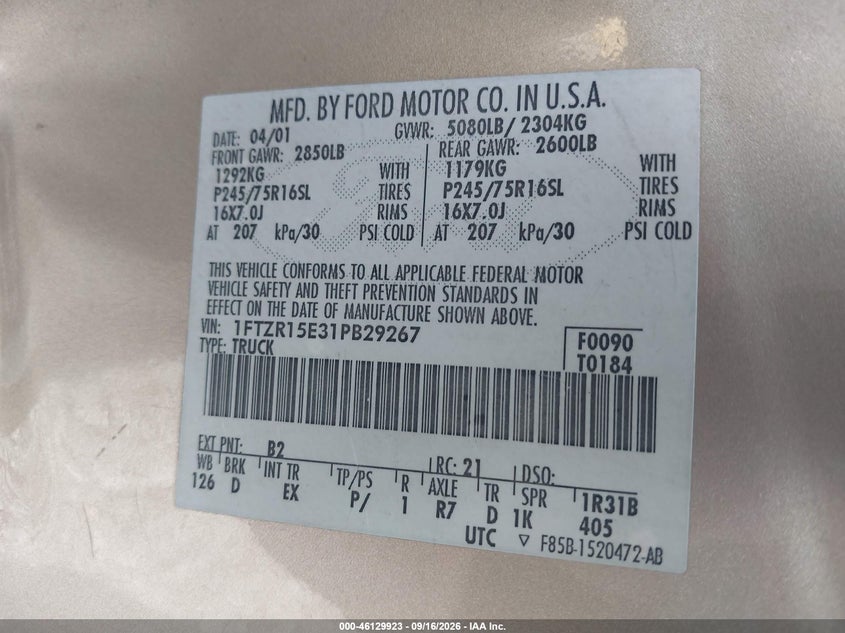 FORD RANGER 2001 VIN 1FTZR15E31PB29267