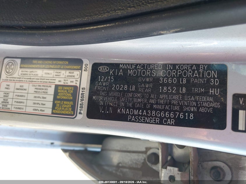 KIA RIO 2016 VIN KNADM4A38G6667618