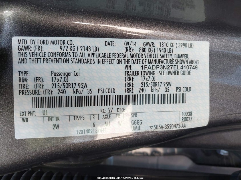 FORD FOCUS 2014 VIN 1FADP3N27EL410749