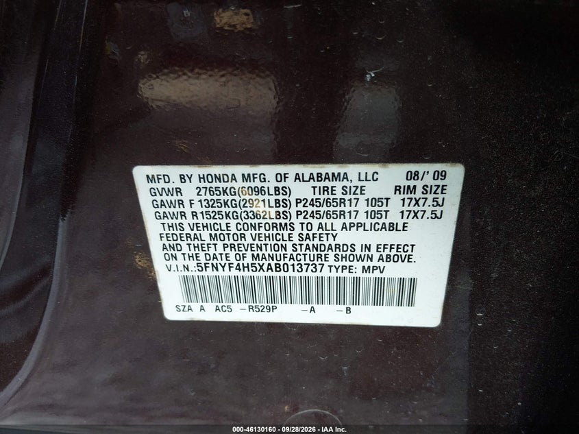 HONDA PILOT 2010 VIN 5FNYF4H5XAB013737