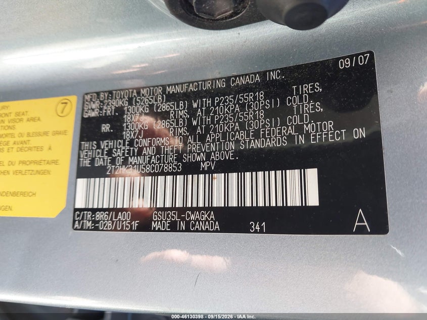 LEXUS RX 350 2008 VIN 2T2HK31U58C078853