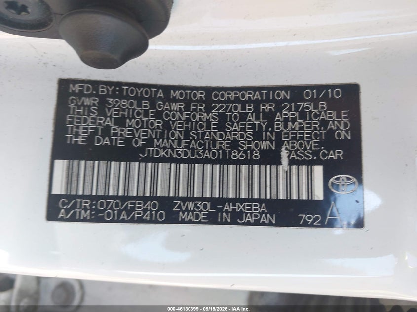 TOYOTA PRIUS 2010 VIN JTDKN3DU3A0118618