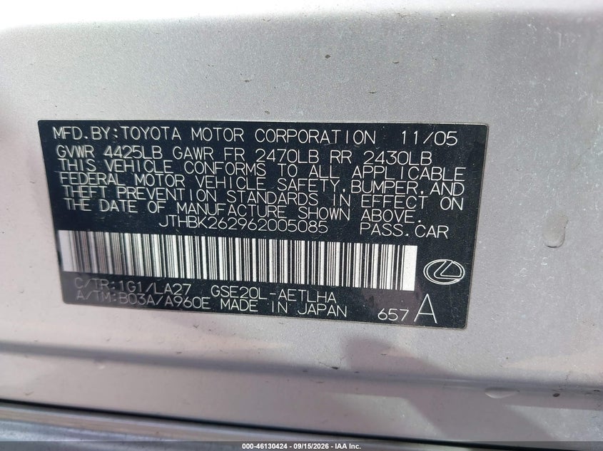 LEXUS IS 250 2006 VIN JTHBK262962005085