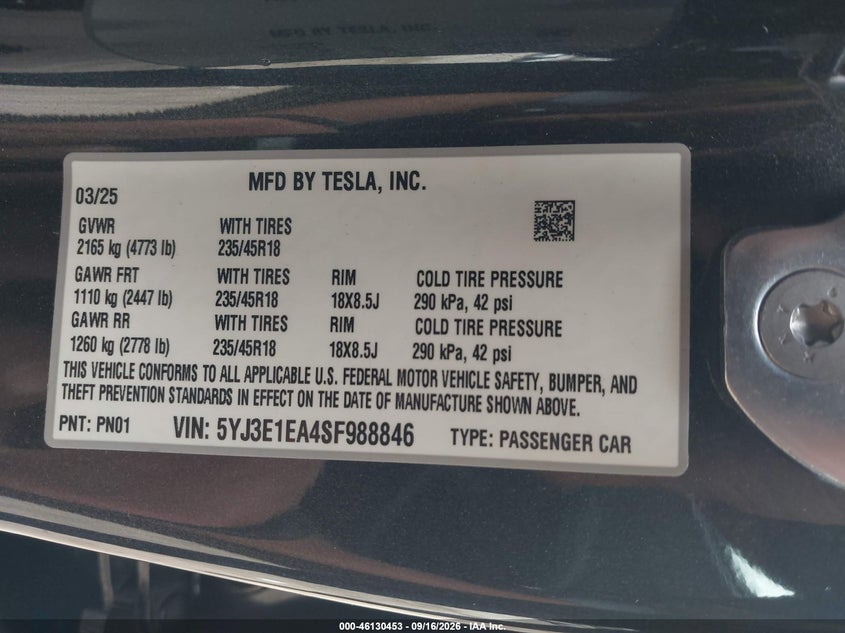 TESLA MODEL 3 2025 VIN 5YJ3E1EA4SF988846