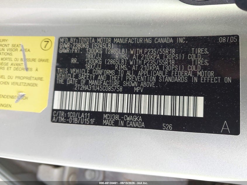LEXUS RX 330 2005 VIN 2T2HA31U45C085758
