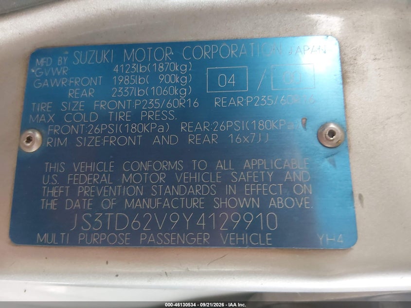 SUZUKI GRAND VITARA 2000 VIN JS3TD62V9Y4129910