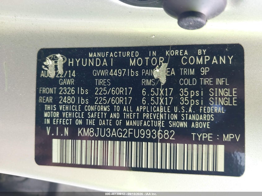 HYUNDAI TUCSON 2015 VIN KM8JU3AG2FU993682