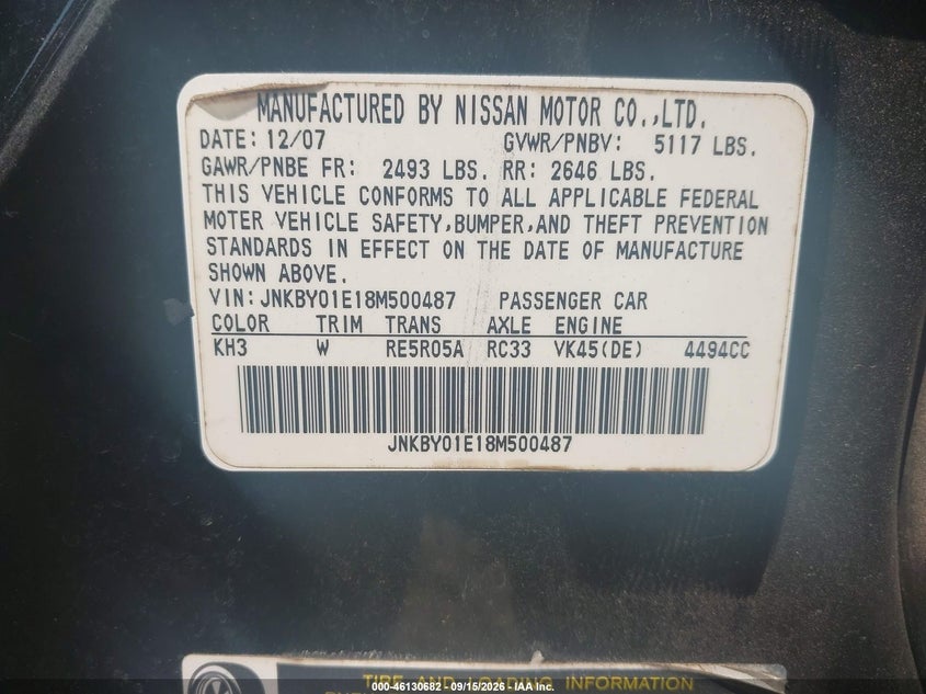 INFINITI M45 2008 VIN JNKBY01E18M500487