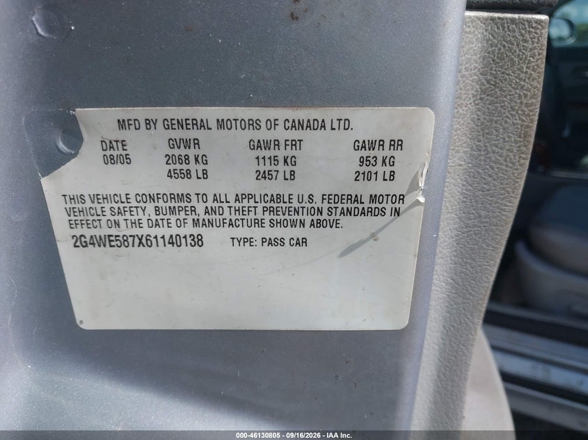BUICK LACROSSE 2006 VIN 2G4WE587X61140138