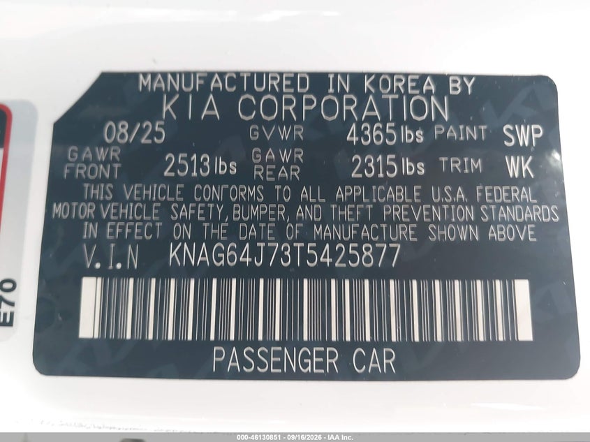 KIA K5 2026 VIN KNAG64J73T5425877