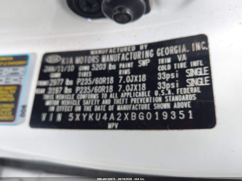 KIA SORENTO 2011 VIN 5XYKU4A2XBG019351