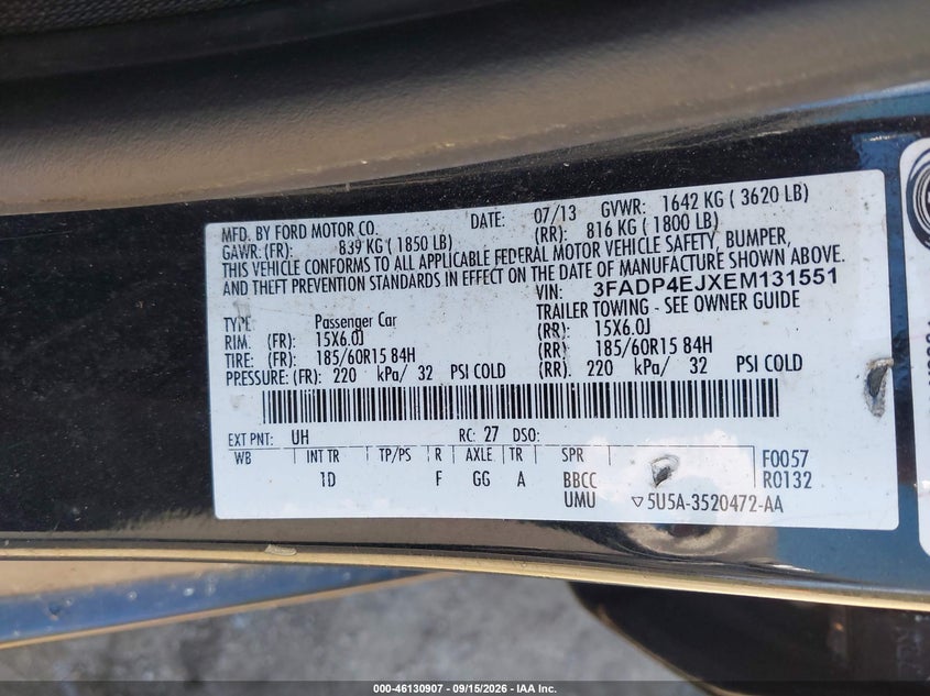 FORD FIESTA 2014 VIN 3FADP4EJXEM131551