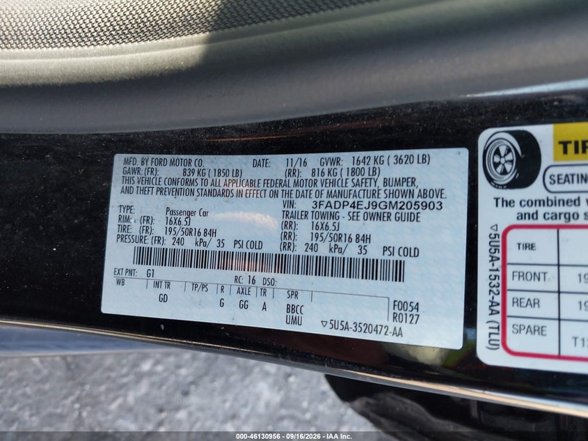 FORD FIESTA 2016 VIN 3FADP4EJ9GM205903
