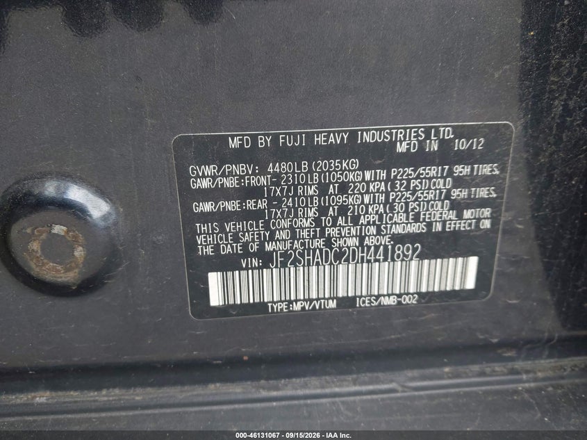 SUBARU FORESTER 2013 VIN JF2SHADC2DH441892
