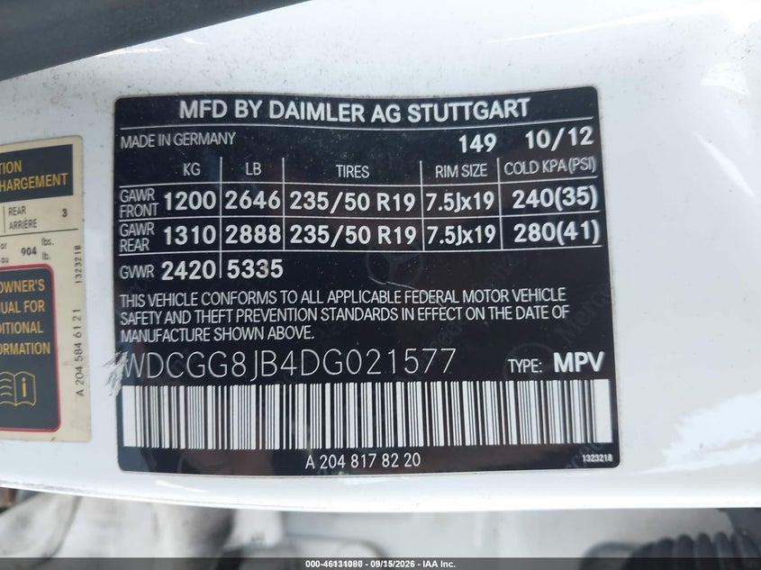 MERCEDES-BENZ GLK 350 2013 VIN WDCGG8JB4DG021577