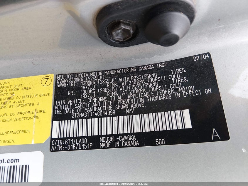 LEXUS RX 330 2004 VIN 2T2HA31U14C014998