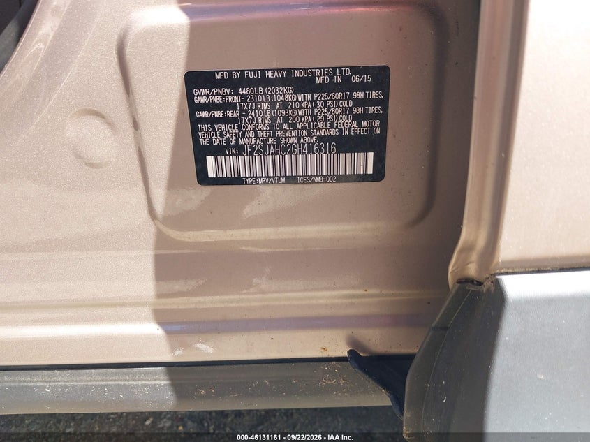 SUBARU FORESTER 2016 VIN JF2SJAHC2GH416316