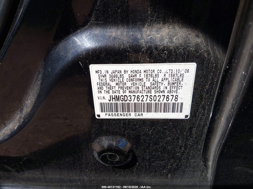 HONDA FIT 2007 VIN JHMGD37627S027678