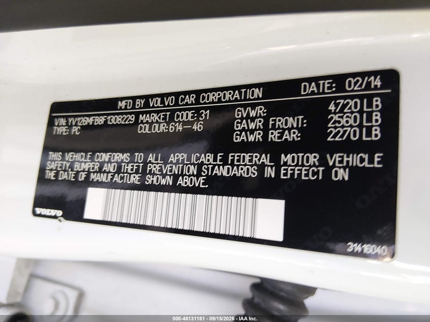 VOLVO S60 2015 VIN YV126MFB8F1308229