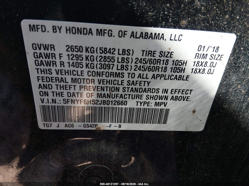 HONDA PILOT 2018 VIN 5FNYF6H52JB012660