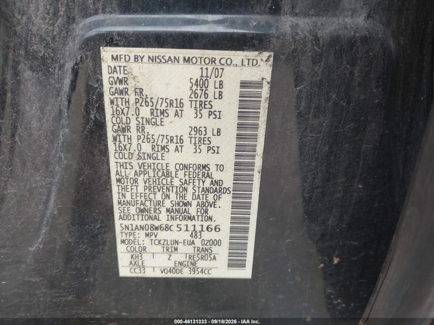 NISSAN XTERRA 2008 VIN 5N1AN08W68C511166