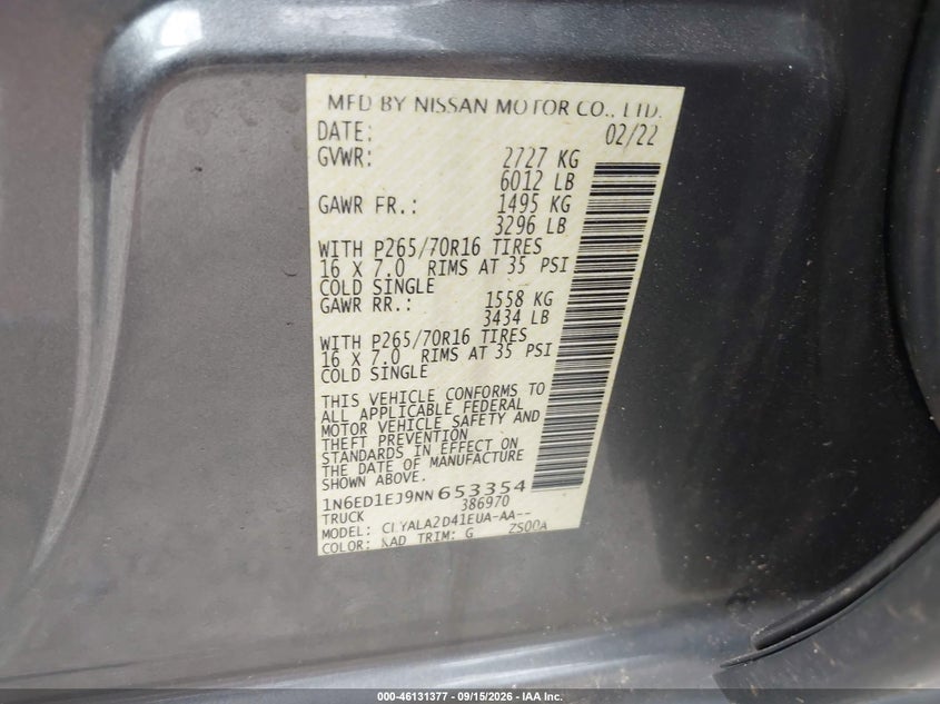 NISSAN FRONTIER 2022 VIN 1N6ED1EJ9NN653354
