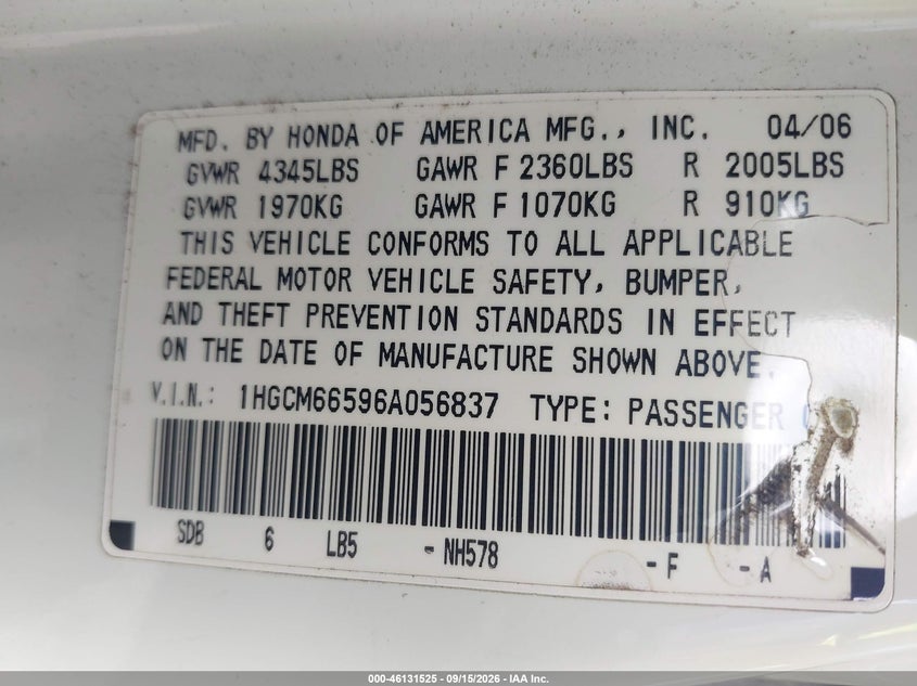 HONDA ACCORD 2006 VIN 1HGCM66596A056837