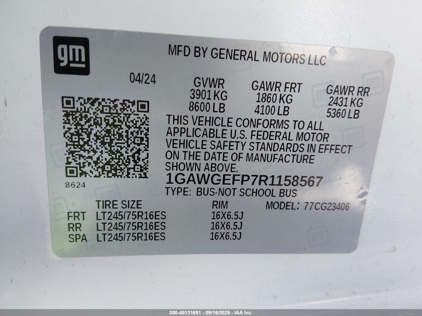CHEVROLET EXPRESS PASSENGER 2024 VIN 1GAWGEFP7R1158567