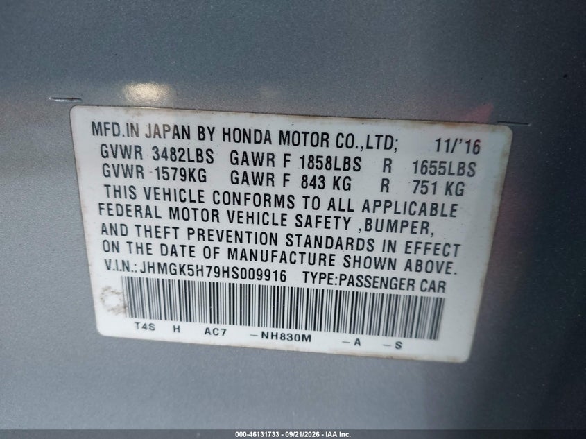 HONDA FIT 2017 VIN JHMGK5H79HS009916