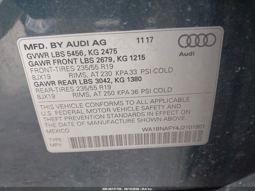 AUDI Q5 2018 VIN WA1BNAFY4J2101801