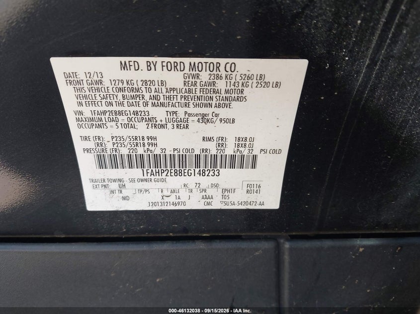 FORD TAURUS 2014 VIN 1FAHP2E88EG148233