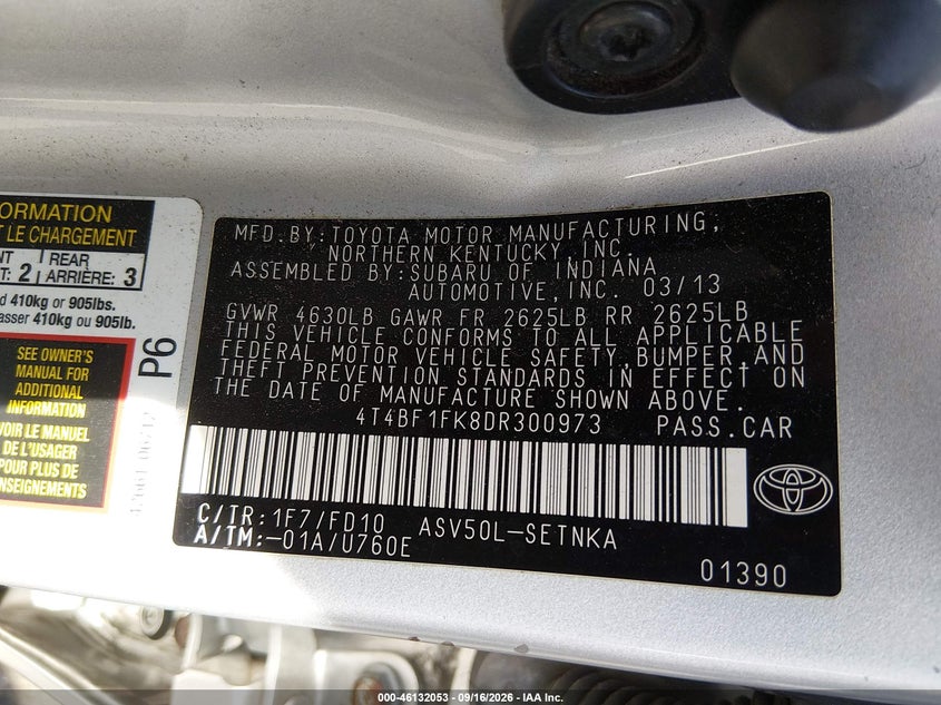 TOYOTA CAMRY 2013 VIN 4T4BF1FK8DR300973