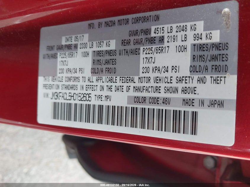 MAZDA CX-5 2017 VIN JM3KFACL5H0152605