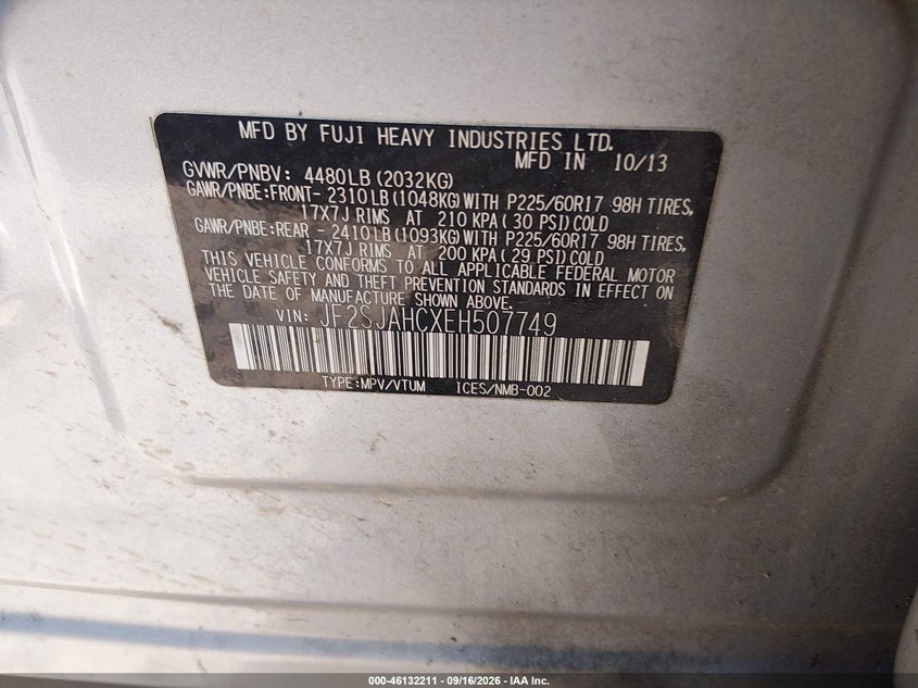SUBARU FORESTER 2014 VIN JF2SJAHCXEH507749