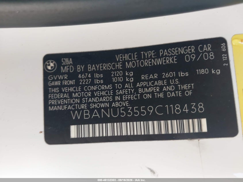 BMW 528I 2009 VIN WBANU53559C118438
