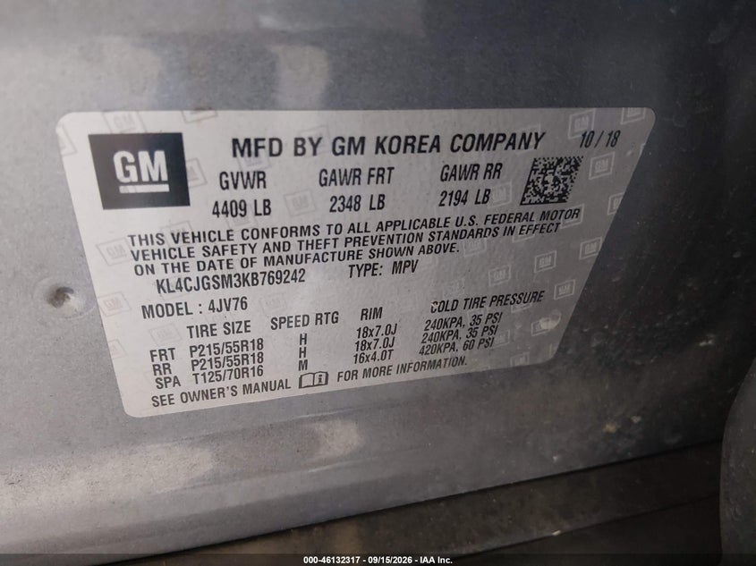 BUICK ENCORE 2019 VIN KL4CJGSM3KB769242