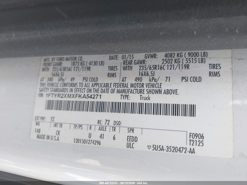FORD TRANSIT-250 2015 VIN 1FTYR2XMXFKA54271