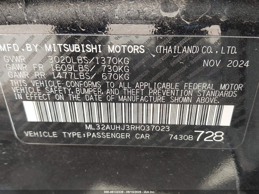MITSUBISHI MIRAGE 2024 VIN ML32AUHJ3RH037023