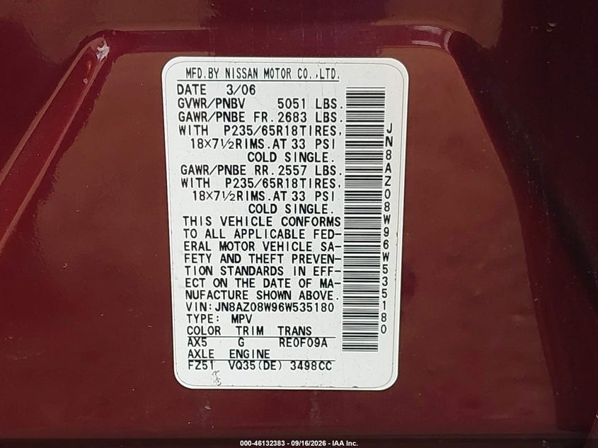 NISSAN MURANO 2006 VIN JN8AZ08W96W535180