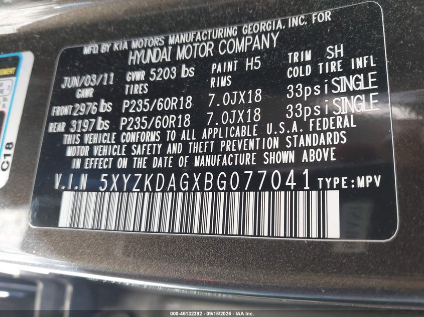 HYUNDAI SANTA FE 2011 VIN 5XYZKDAGXBG077041