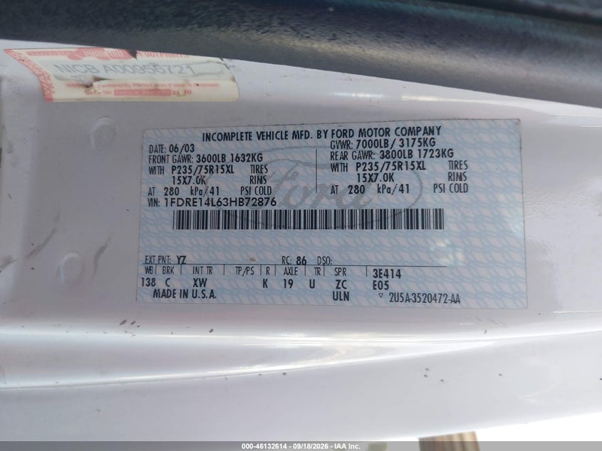 FORD E-150 2003 VIN 1FDRE14L63HB72876