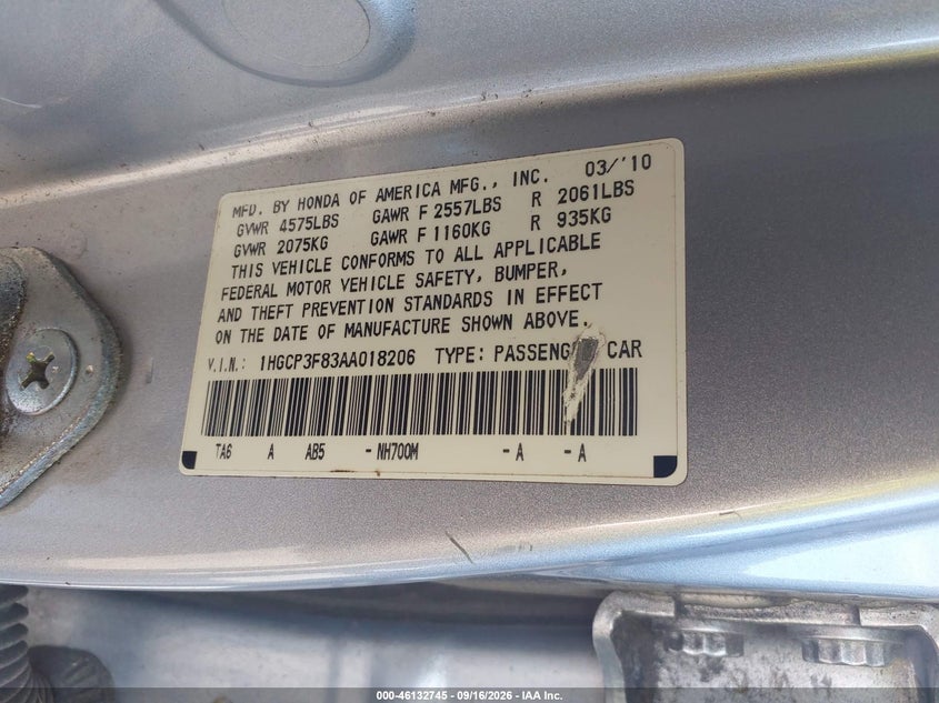 HONDA ACCORD 2010 VIN 1HGCP3F83AA018206