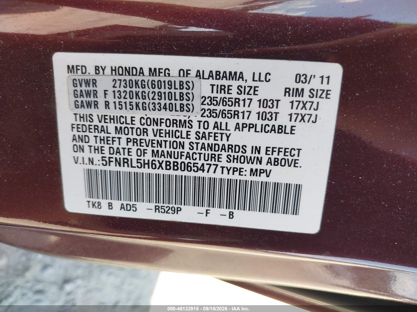 HONDA ODYSSEY 2011 VIN 5FNRL5H6XBB065477