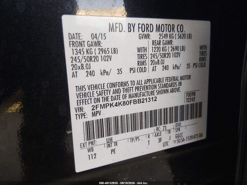 FORD EDGE 2015 VIN 2FMPK4K80FBB21312