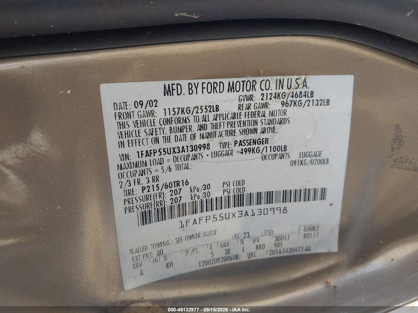 FORD TAURUS 2003 VIN 1FAFP55UX3A130998