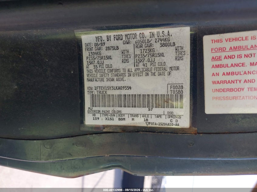 FORD F150 1990 VIN 1FTEX15Y3LKA09354