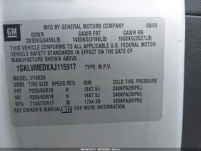 GMC ACADIA 2010 VIN 1GKLVMEDXAJ115917