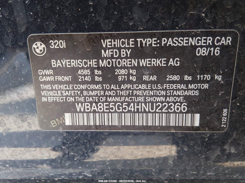 BMW 320I 2017 VIN WBA8E5G54HNU22366