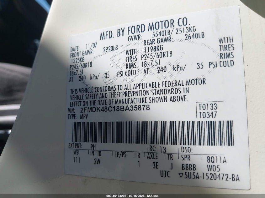FORD EDGE 2008 VIN 2FMDK48C18BA35878
