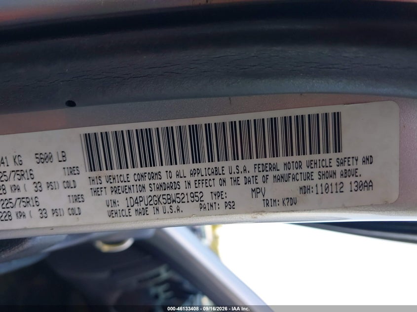 DODGE NITRO 2011 VIN 1D4PU2GK5BW521952